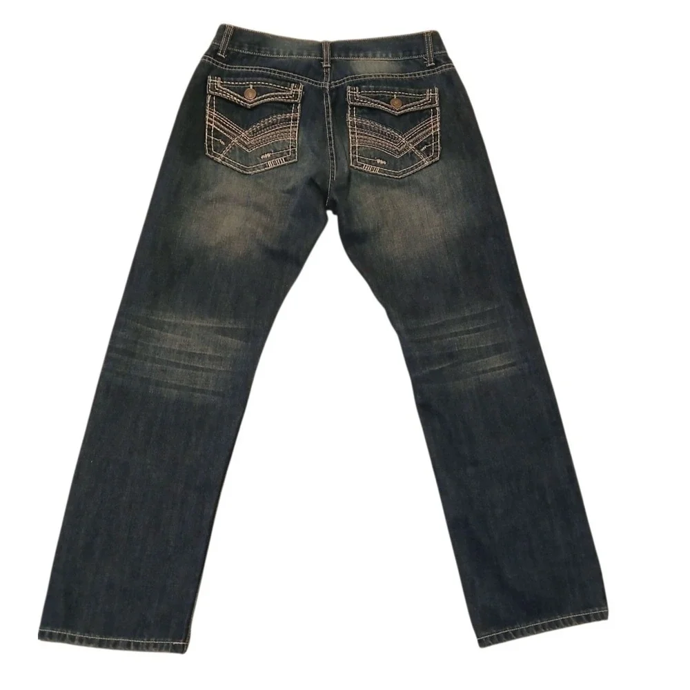 Indigo People Men's Jeans 32x30 Blue Distressed Straight Leg Denim Pants Embroid